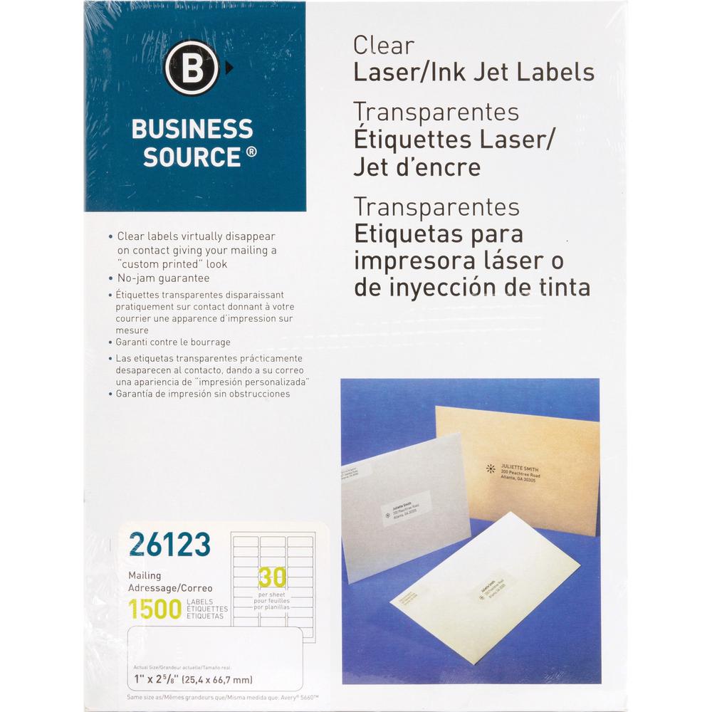 Business Source Mailing Address Labels - 1" x 2 3/4" Length - Permanent Adhesive - Rectangle - Laser - Clear - 30 / Sheet - 1500