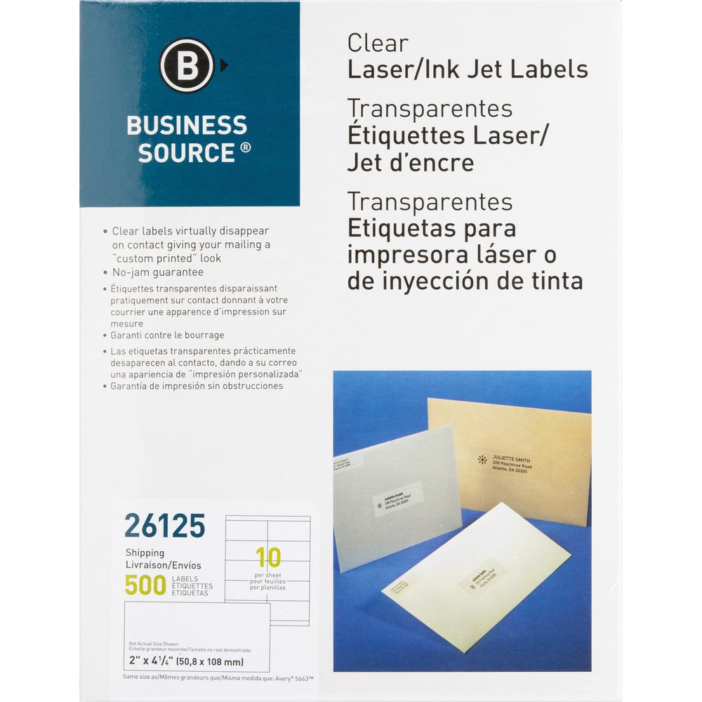 Business Source Clear Shipping Labels - 2" x 4 1/4" Length - Permanent Adhesive - Rectangle - Laser - Clear - 10 / Sheet - 500 /