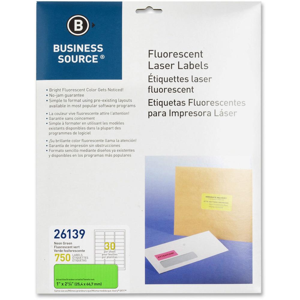 Business Source Neon Labels - 1" x 2 5/8" Length - Permanent Adhesive - Rectangle - Laser - Neon Green - 30 / Sheet - 750 / Pack