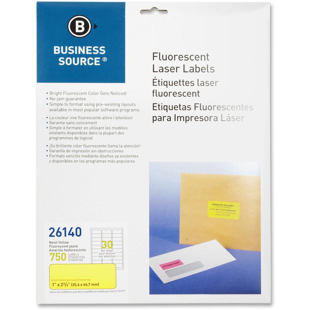 Business Source Neon Labels - 1" x 2 5/8" Length - Permanent Adhesive - Rectangle - Laser - Neon Yellow - 30 / Sheet - 750 / Pac