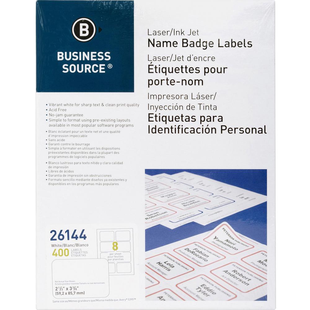 Business Source Laser/Inkjet Name Badge Labels - 2 1/3" x 3 3/8" Length - Rectangle - Laser, Inkjet - White - 8 / Sheet - 400 / 