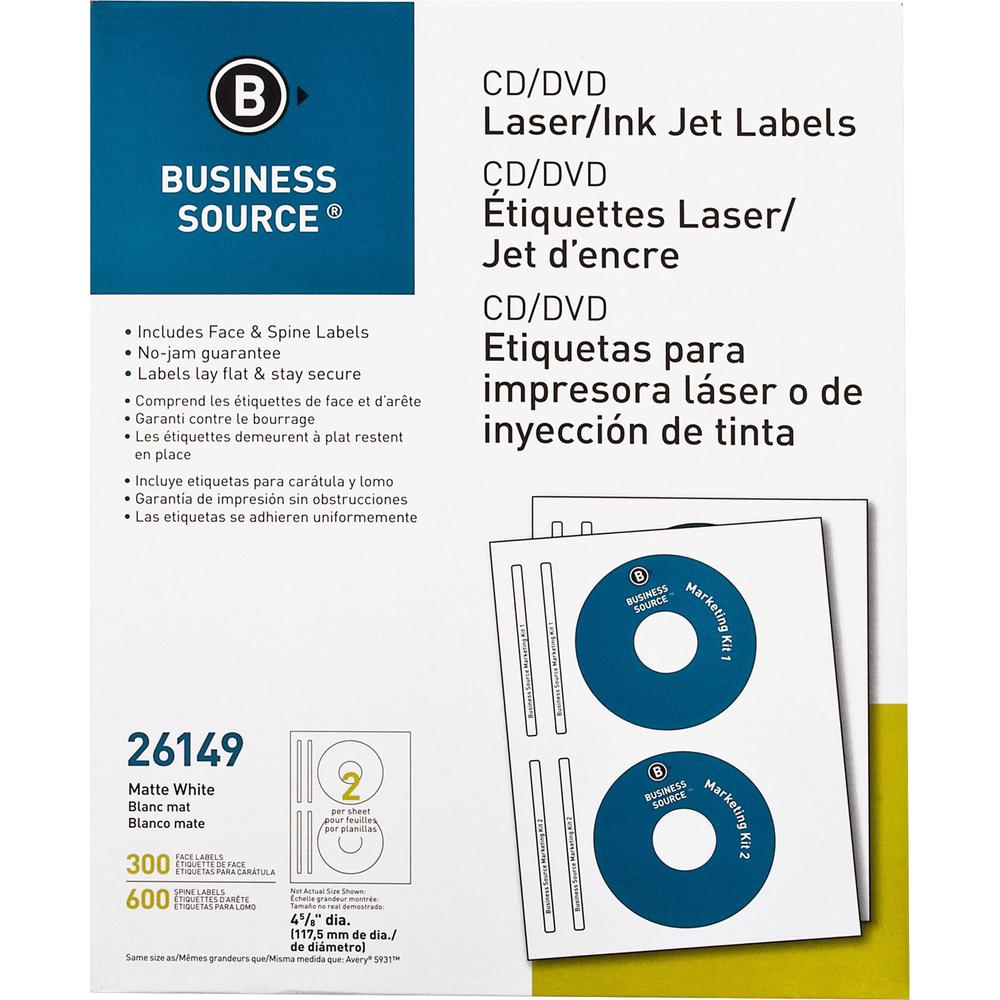 Business Source CD/DVD Labels - 4 5/8" Diameter - Permanent Adhesive - Circle - Inkjet, Laser - White - 300 / Pack - Lignin-free