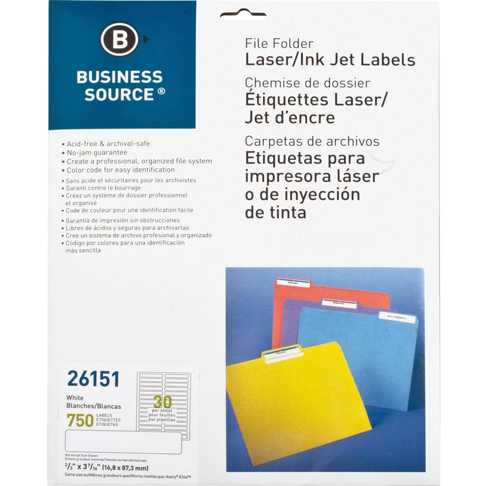Business Source Laser/Inkjet Permanent File Folder Labels - 43/64" x 3 7/16" Length - Permanent Adhesive - Rectangle - Laser, In