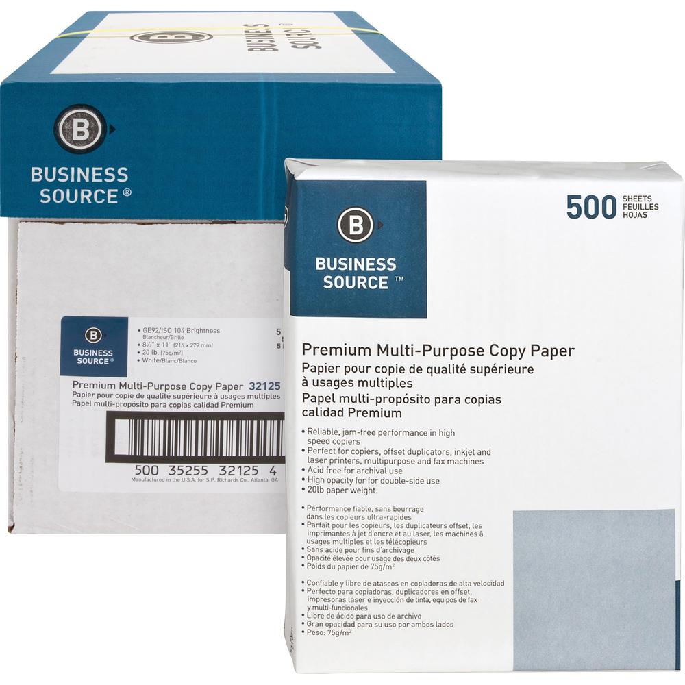 Business Source Premium Multipurpose Copy Paper - 92 Brightness - Letter - 8 1/2" x 11" - 20 lb Basis Weight - 5 / Carton500 Rea