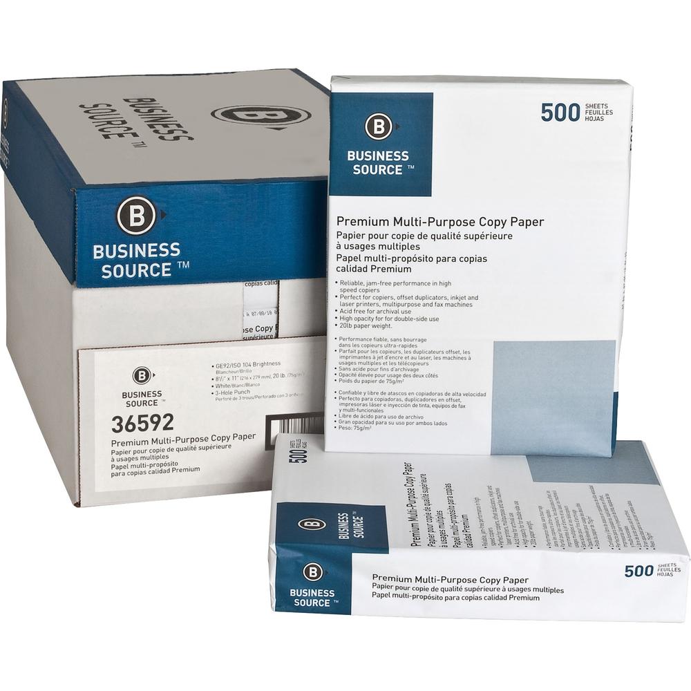 Business Source Premium Multipurpose Copy Paper - White - 92 Brightness - Letter - 8 1/2" x 11" - 20 lb Basis Weight - 5000 / Ca