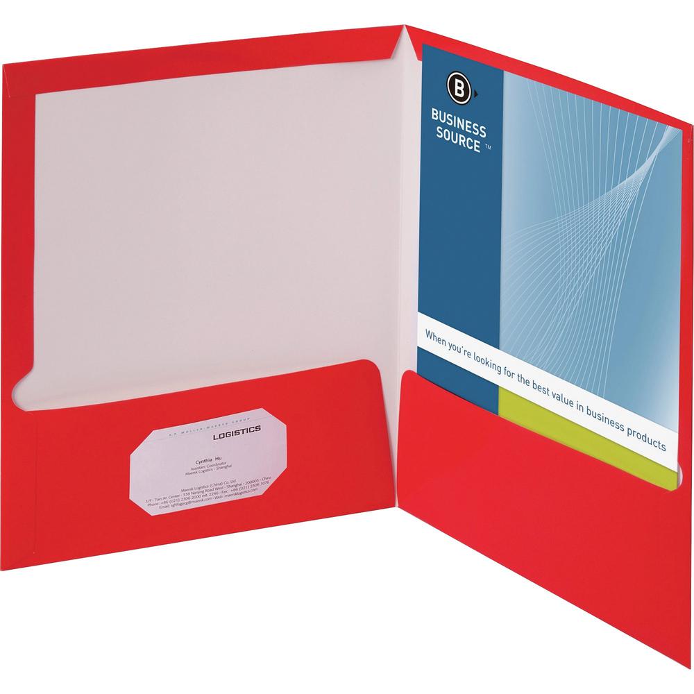 Business Source Letter Pocket Folder - 8 1/2" x 11" - 100 Sheet Capacity - 2 Internal Pocket(s) - Card Paper - Red - 25 / Box