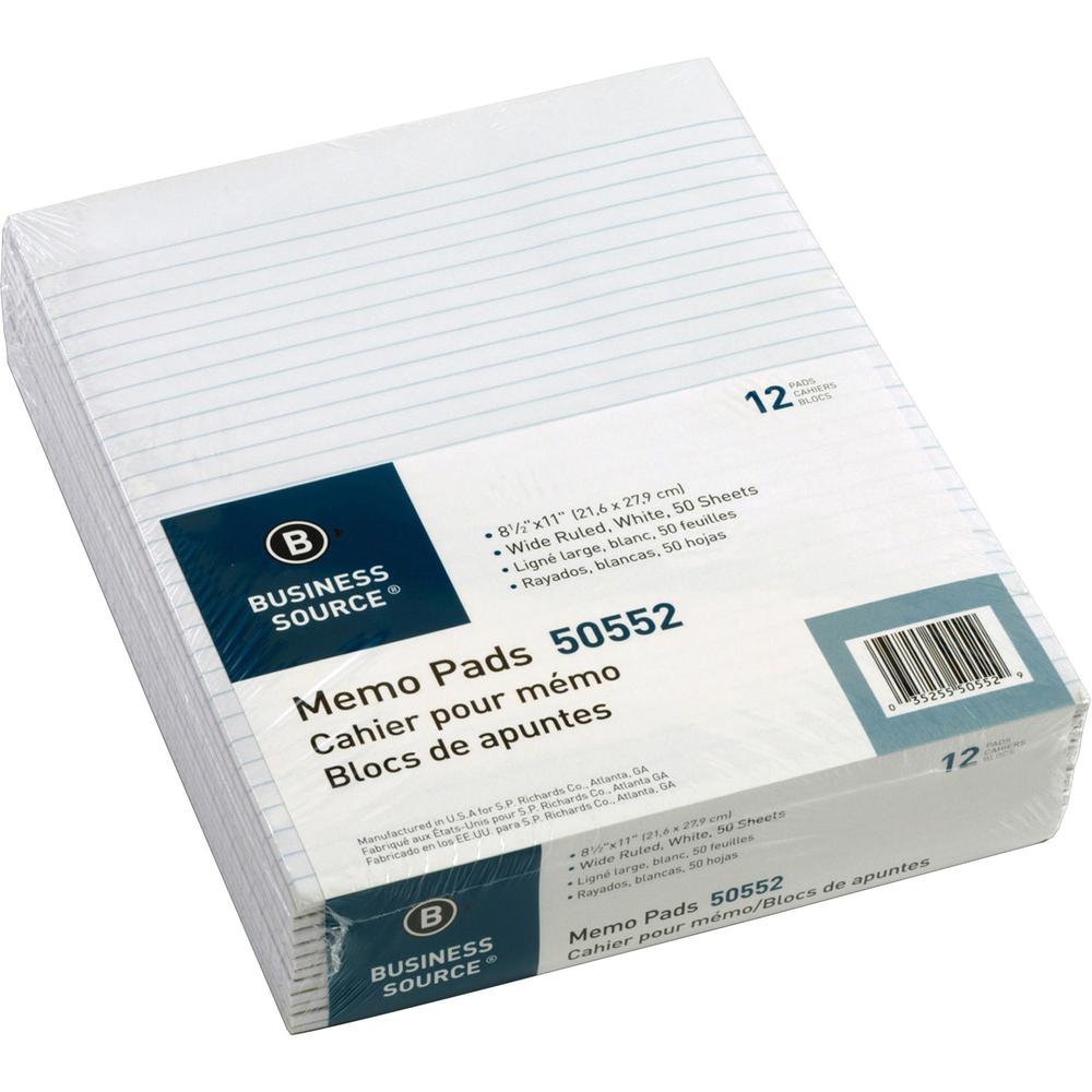 Business Source Glued Top Ruled Memo Pads - Letter - 50 Sheets - Glue - Wide Ruled - 16 lb Basis Weight - Letter - 8 1/2" x 11" 