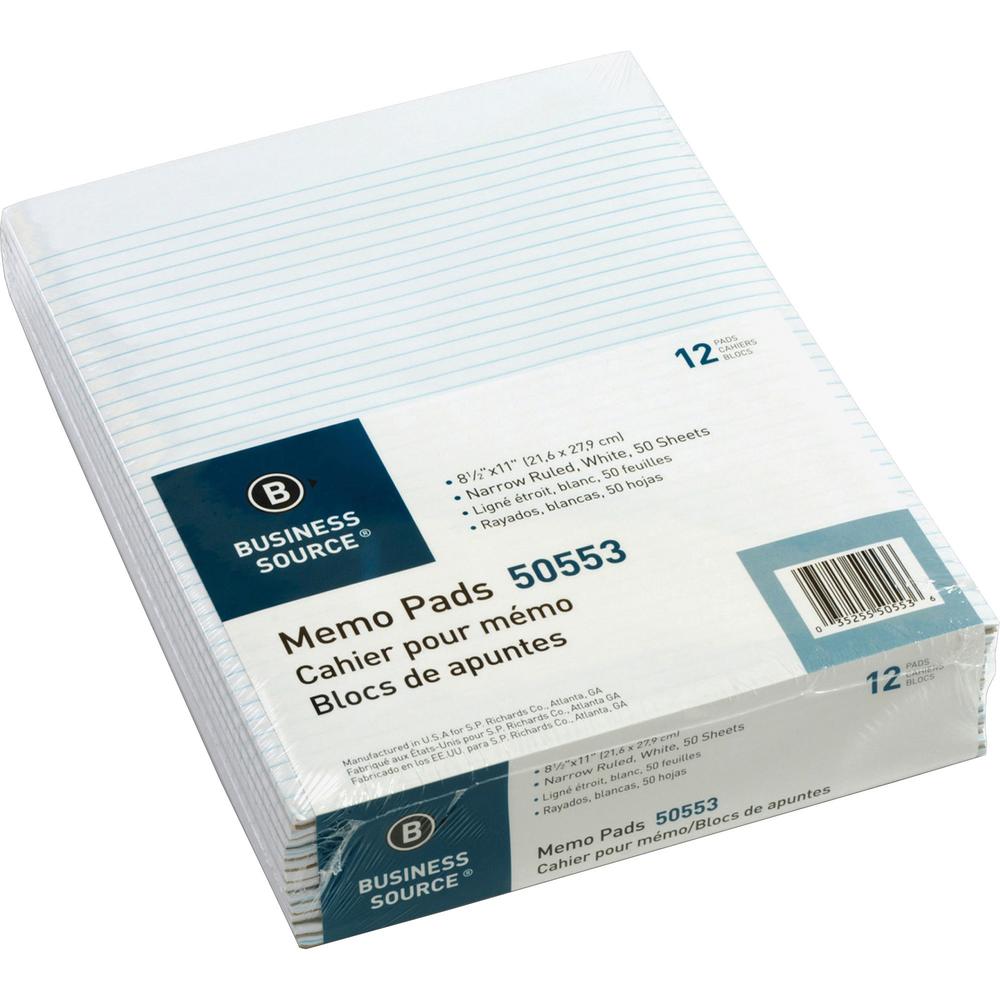 Business Source Glued Top Ruled Memo Pads - Letter - 50 Sheets - Glue - Narrow Ruled - 16 lb Basis Weight - Letter - 8 1/2" x 11