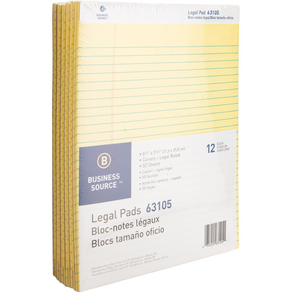 Business Source Micro-Perforated Legal Ruled Pads - 50 Sheets - 0.34" Ruled - 16 lb Basis Weight - 8 1/2" x 11 3/4" - Canary Pap