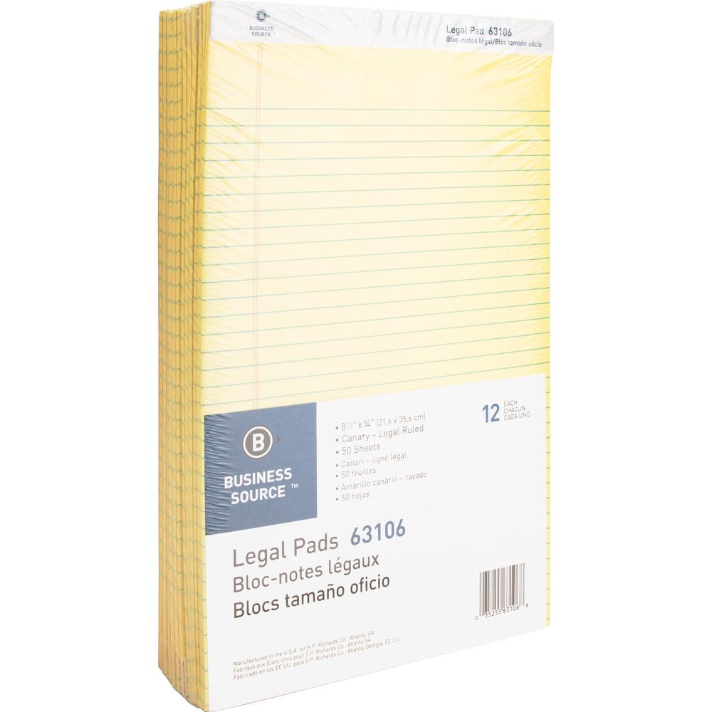 Business Source Legal Pads - 50 Sheets - 0.34" Ruled - 16 lb Basis Weight - Legal - 8 1/2" x 14" - Canary Paper - Micro Perforat
