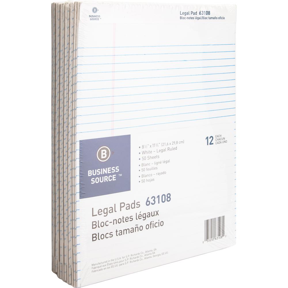 Business Source Micro-Perforated Legal Ruled Pads - 50 Sheets - 0.34" Ruled - 16 lb Basis Weight - 8 1/2" x 11 3/4" - White Pape