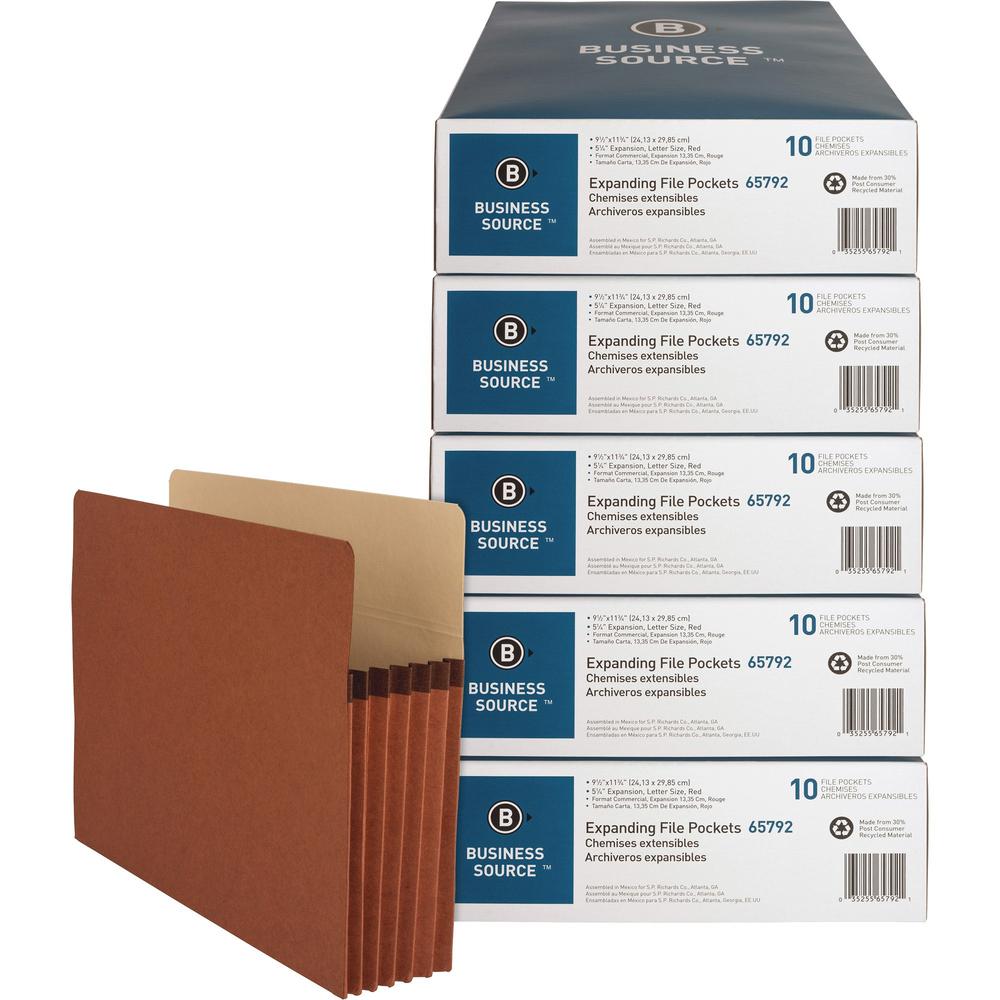 Business Source Letter Recycled File Pocket - 8 1/2" x 11" - 1200 Sheet Capacity - 5 1/4" Expansion - Redrope - 30% Recycled - 5