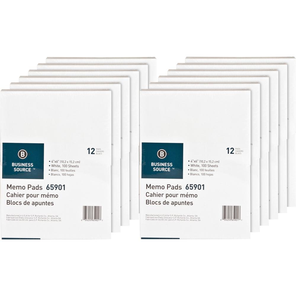 Business Source Plain Memo Pads - 100 Sheets - Plain - Glued - Unruled - 15 lb Basis Weight - 4" x 6" - White Paper - Chipboard 