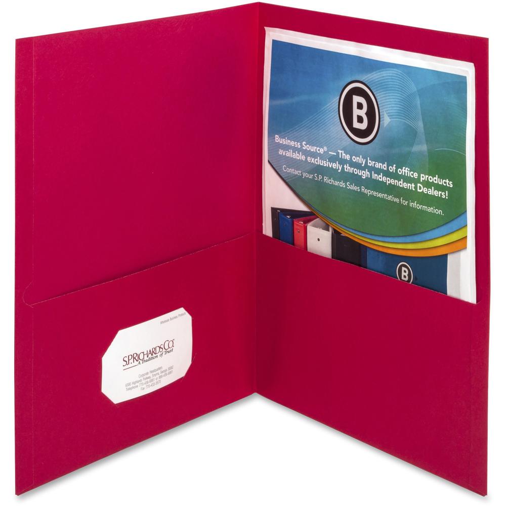 Business Source Letter Pocket Folder - 8 1/2" x 11" - 100 Sheet Capacity - 2 Inside Front & Back Pocket(s) - Paper - Red - 25 / 