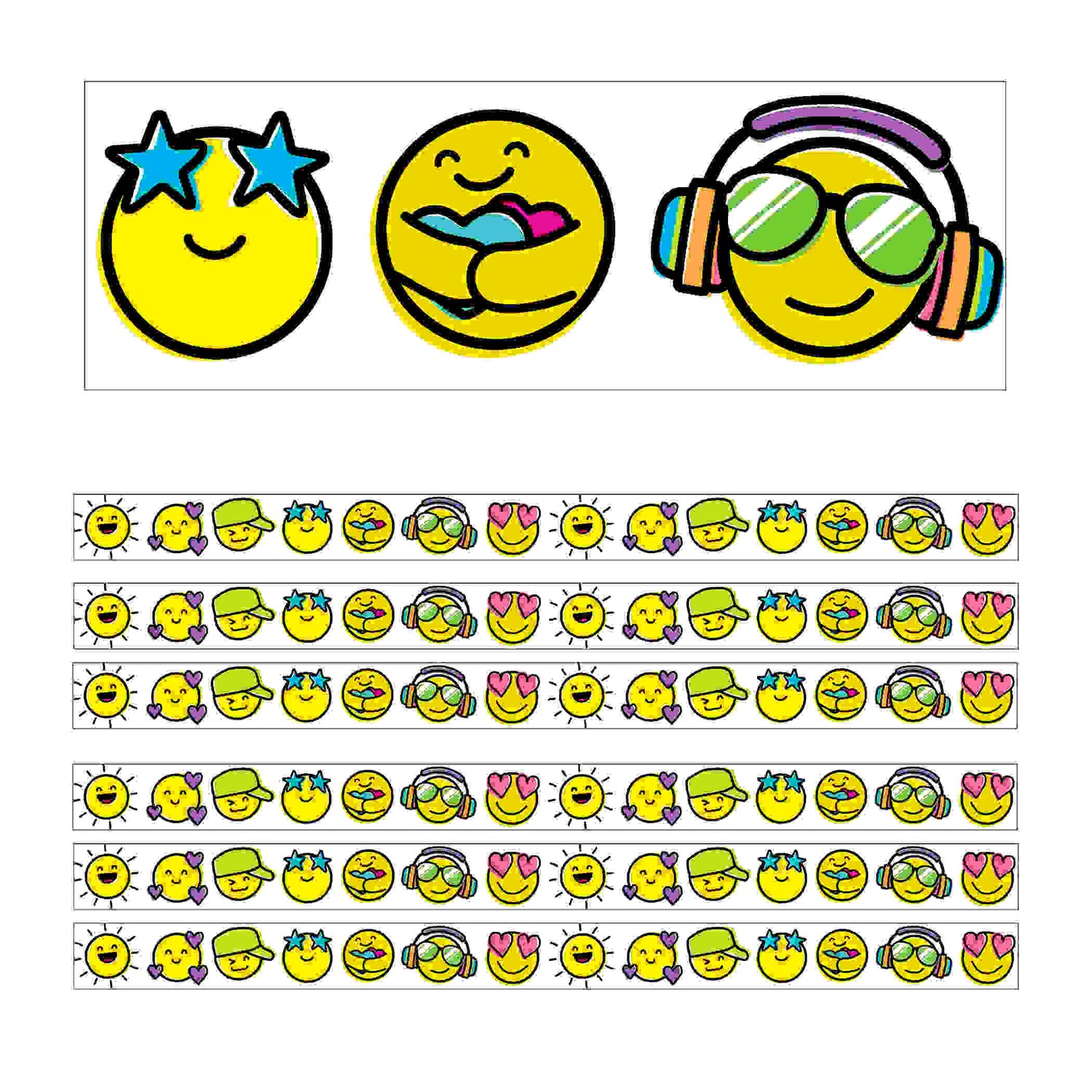 Kind Vibes Smiley Faces Straight Borders, 36 Feet Per Pack, 6 Packs