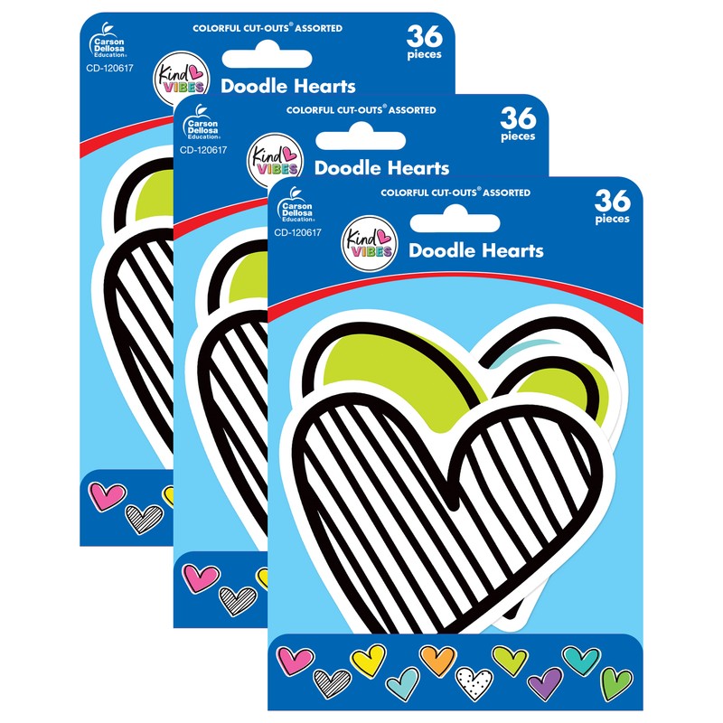 Kind Vibes Doodle Hearts Cut-Outs, 36 Per Pack, 3 Packs