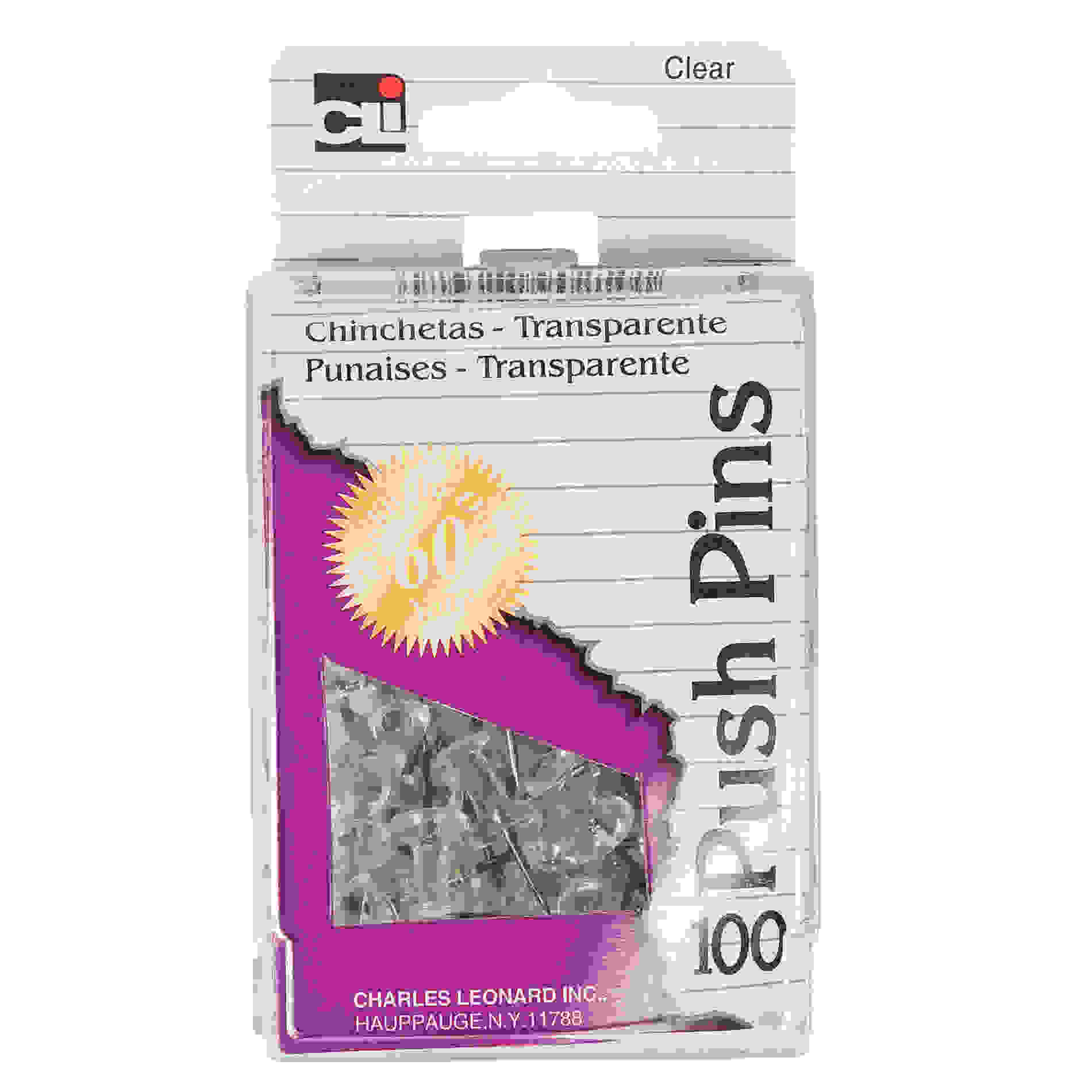 Push Pins, Clear, 100/Pack