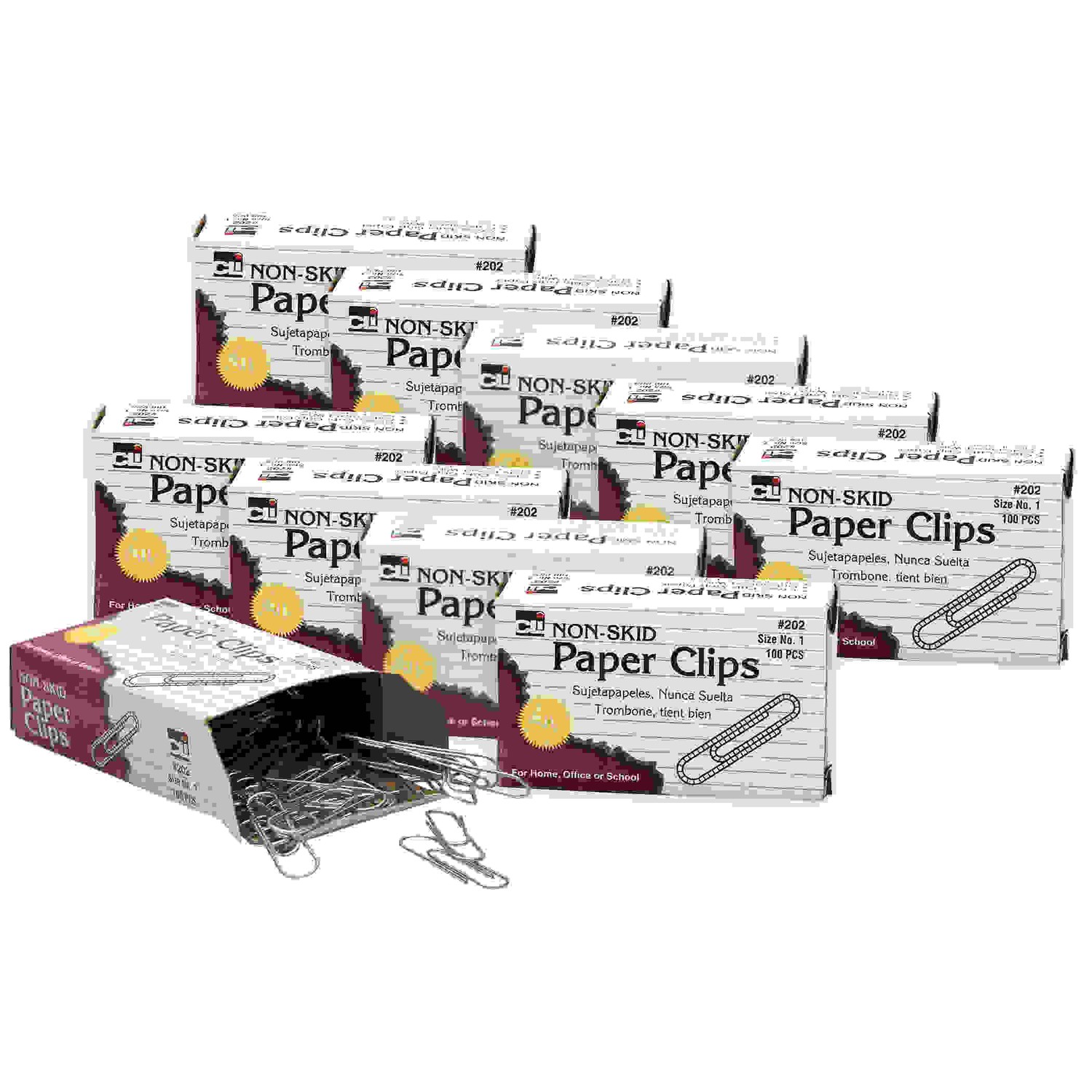 Paper Clips, Non-Skid, Size #1, Silver, 100 Per Pack, 10 Packs