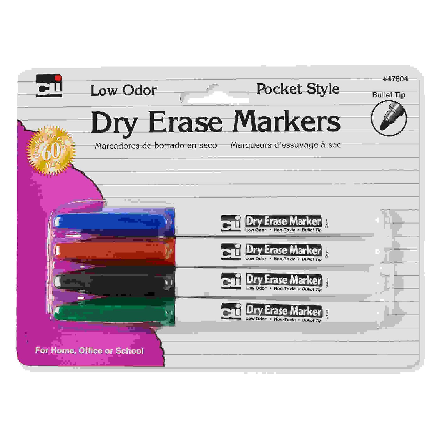 Dry Erase Markers, 4 Colors, Bullet Tip, Pack of 4