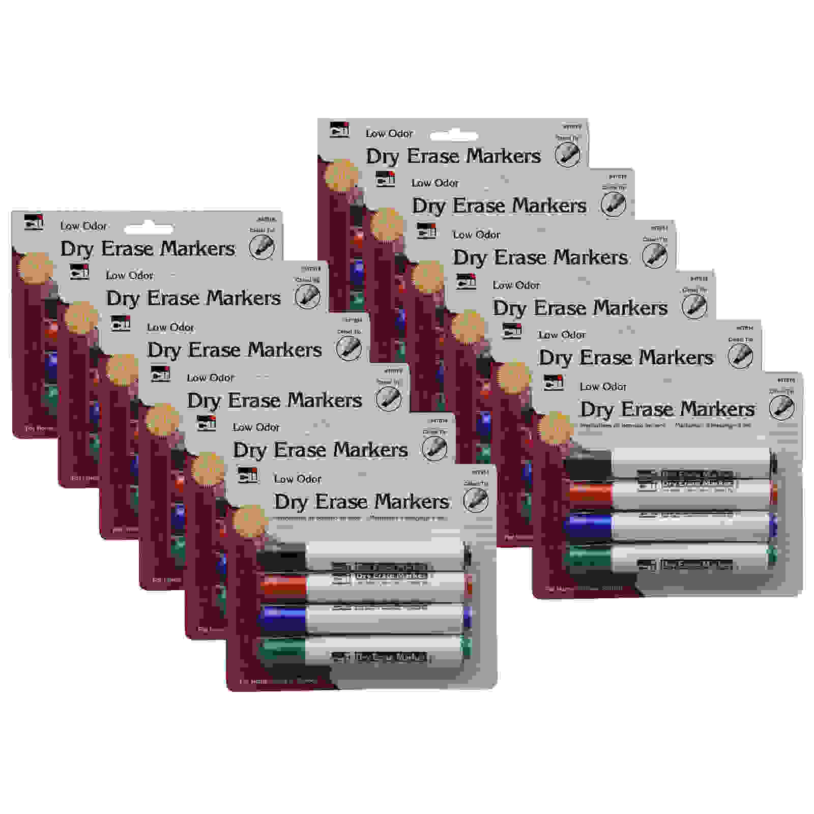 Barrel Style Dry Erase Markers, Assorted Colors, Chisel Tip, 4 Per Pack, 12 Packs