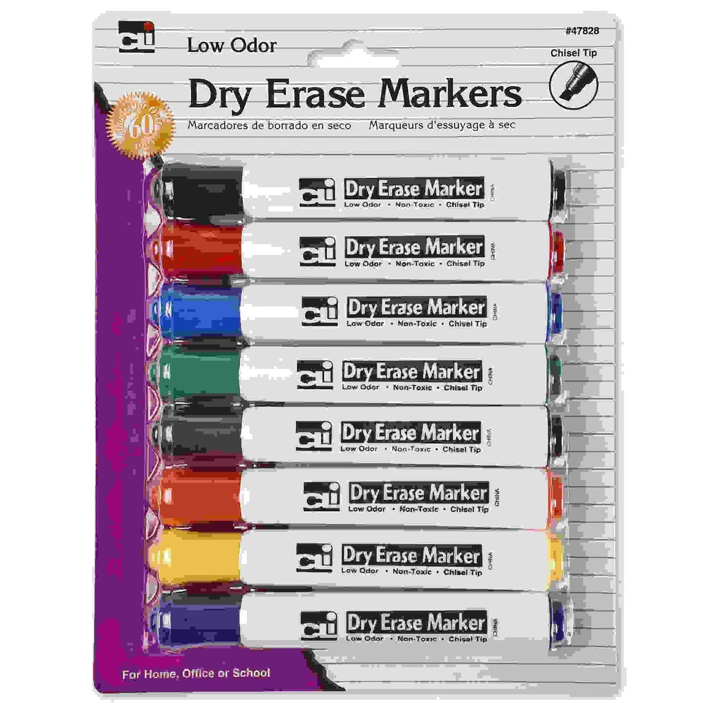 Dry Erase Markers, Barrel Style, Low Odor, Chisel Tip, Assorted Colors, Pack of 8