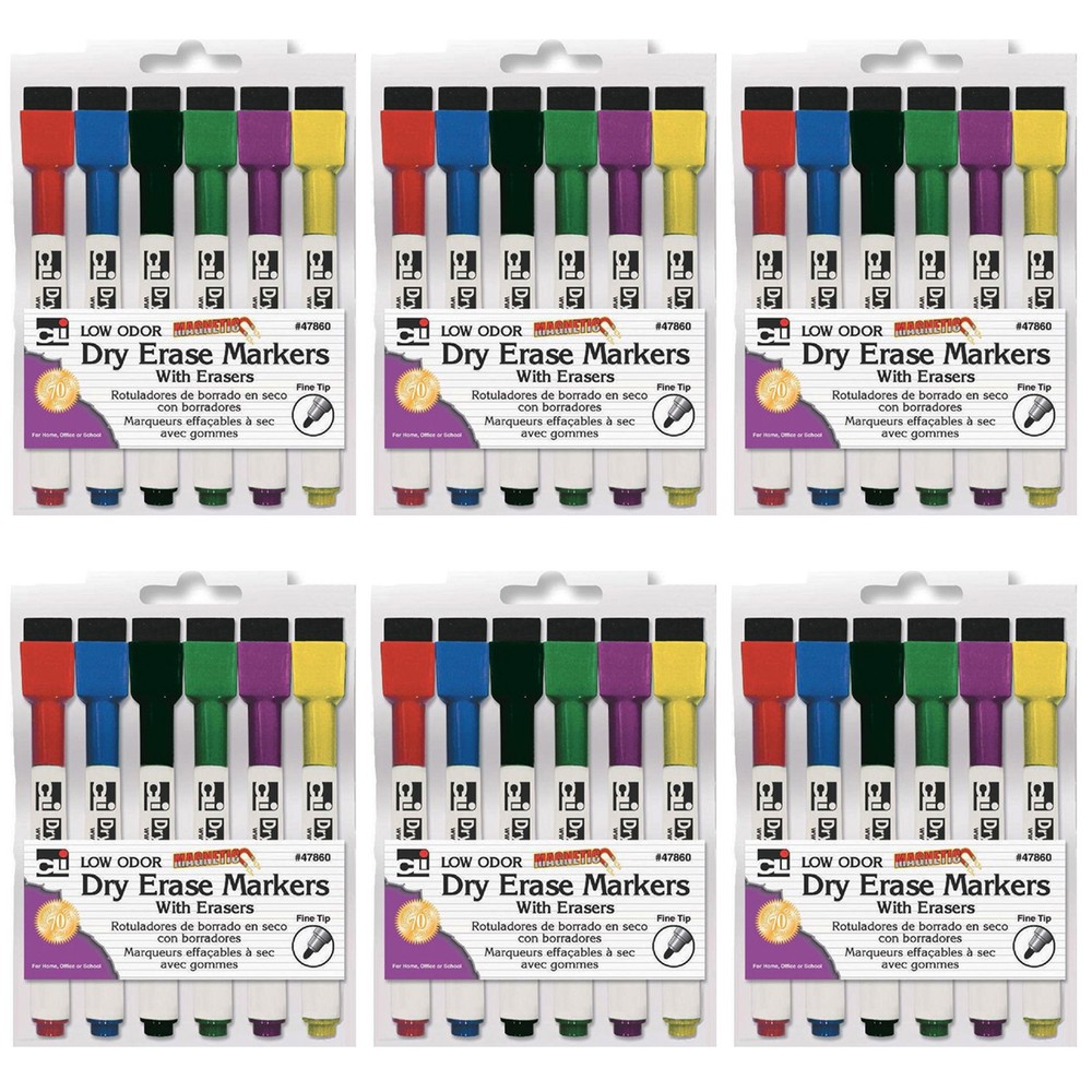 Magnetic Dry Erase Markers with Erasers, 6 Per Pack, 6 Packs