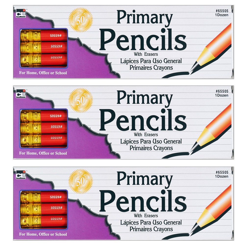 Primary Pencil, 0.41", Red with Eraser, 12 Per Box, 3 Boxes