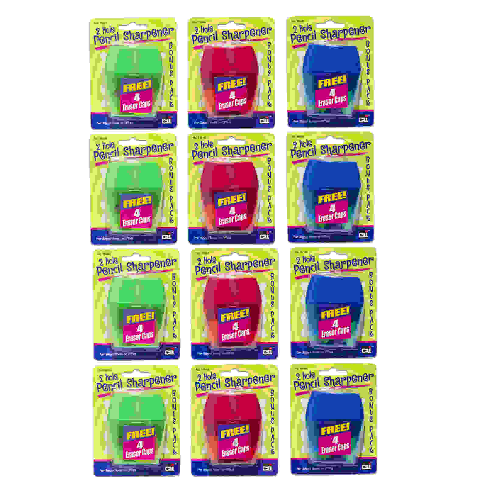 3 Hole Pencil Sharpener w/catcher, Assorted Colors, 12 per Pack, 2 Packs