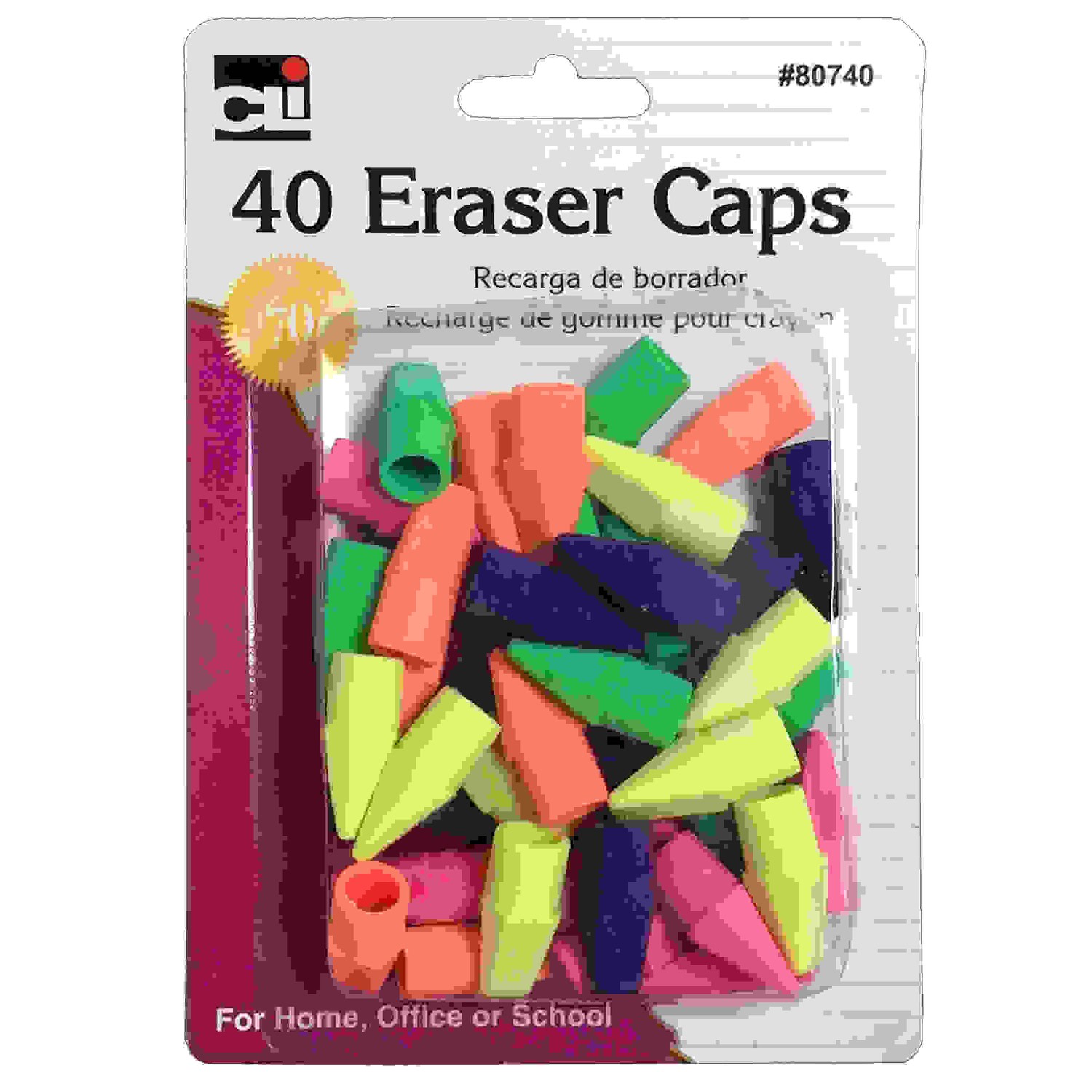 Pencil Eraser, Caps, Assorted Colors, Pack of 40