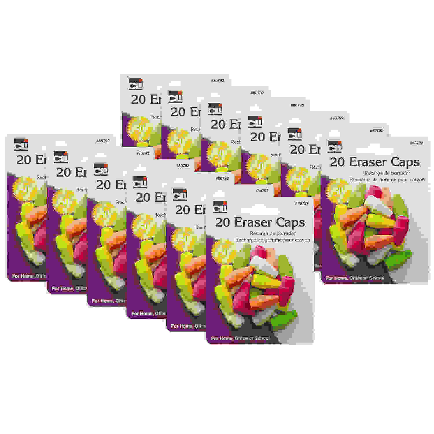 Pencil Eraser Caps, Assorted Neon Colors, 20 Per Pack, 12 Packs