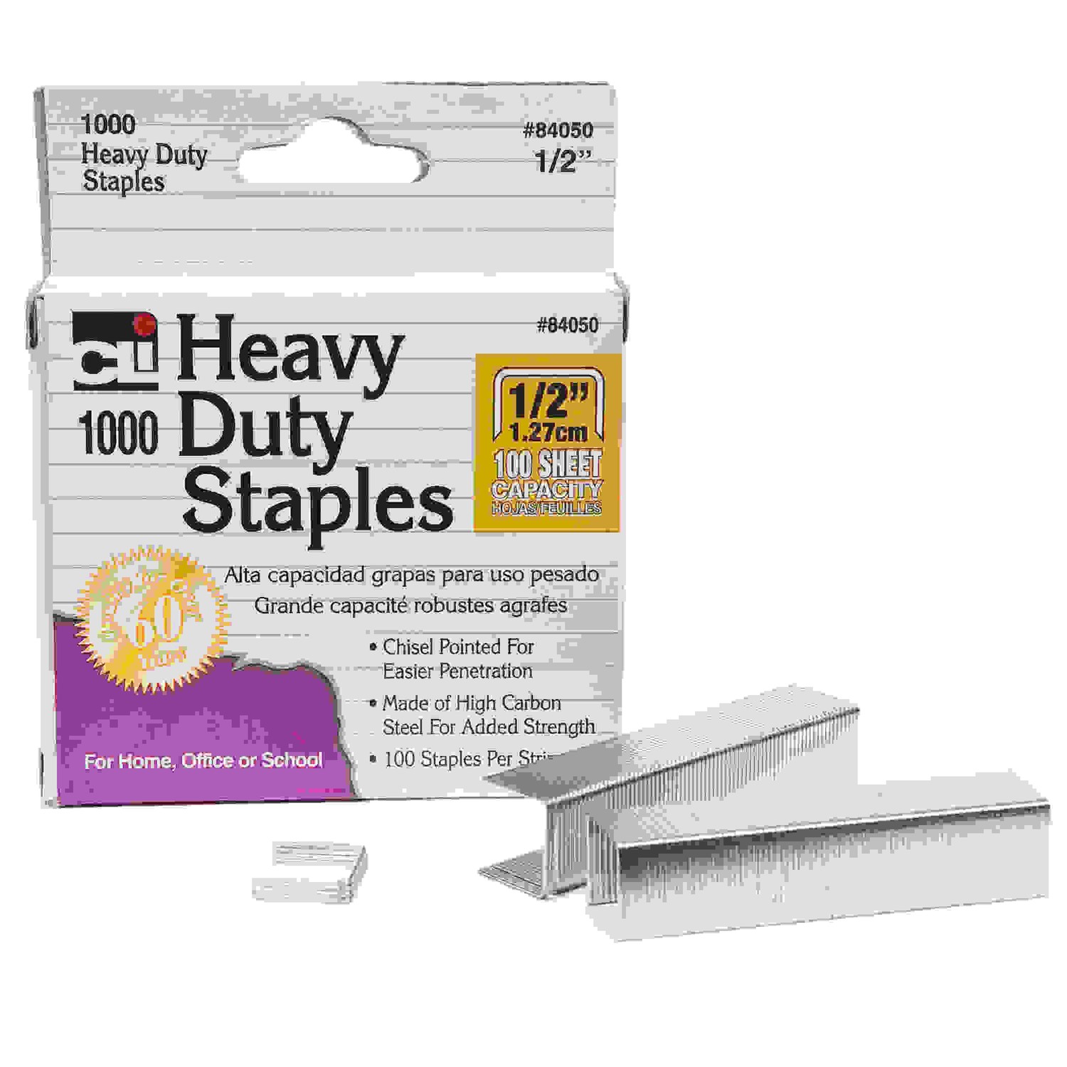 Heavy Duty Staples, 1/2 Inch Leg Length, Carbon Steel, Silver, 1000/Box