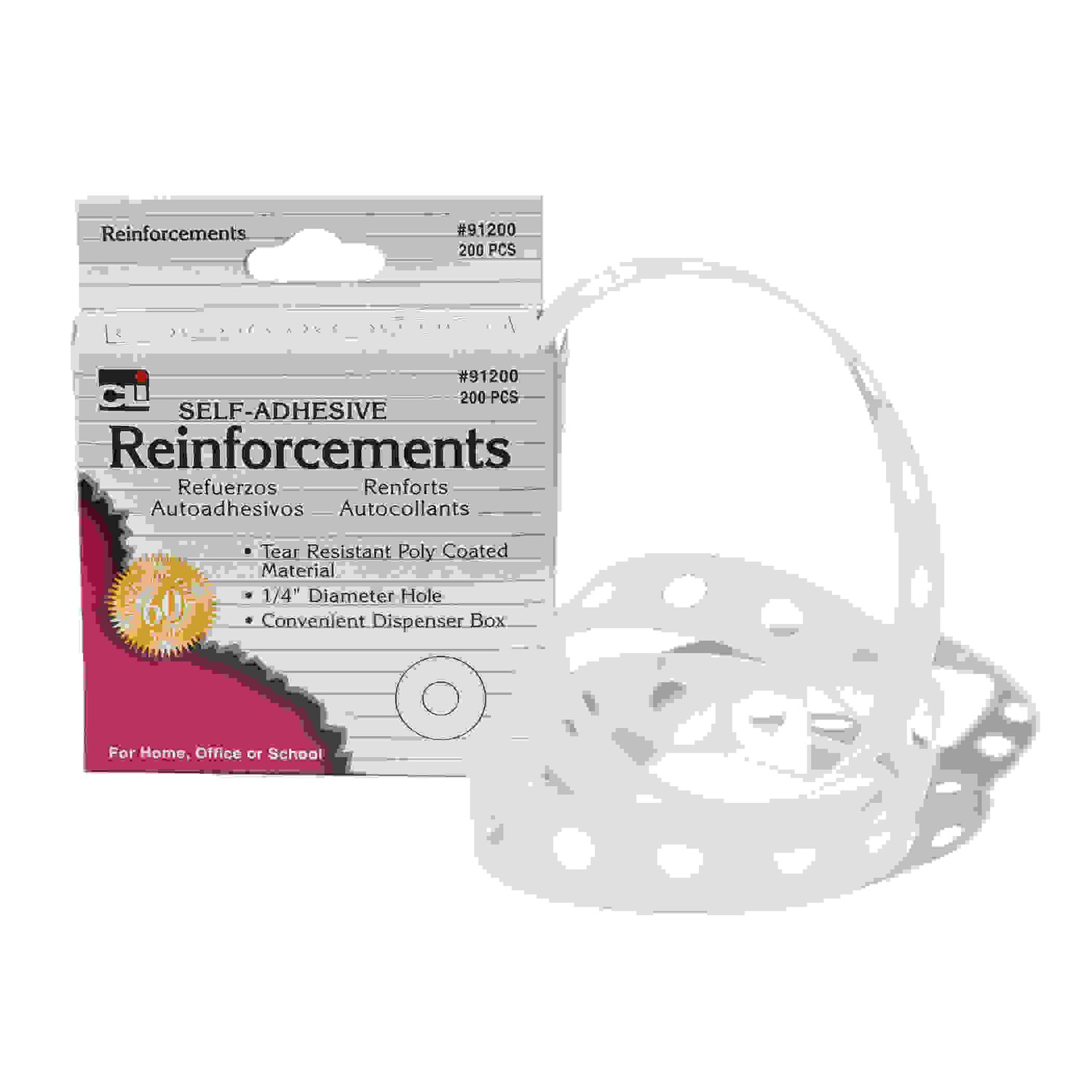 Paper Hole Reinforcements, Self-Adhesive, 1/4 Inch Holes Reinforcements in Dispenser Box, White, 200/Box