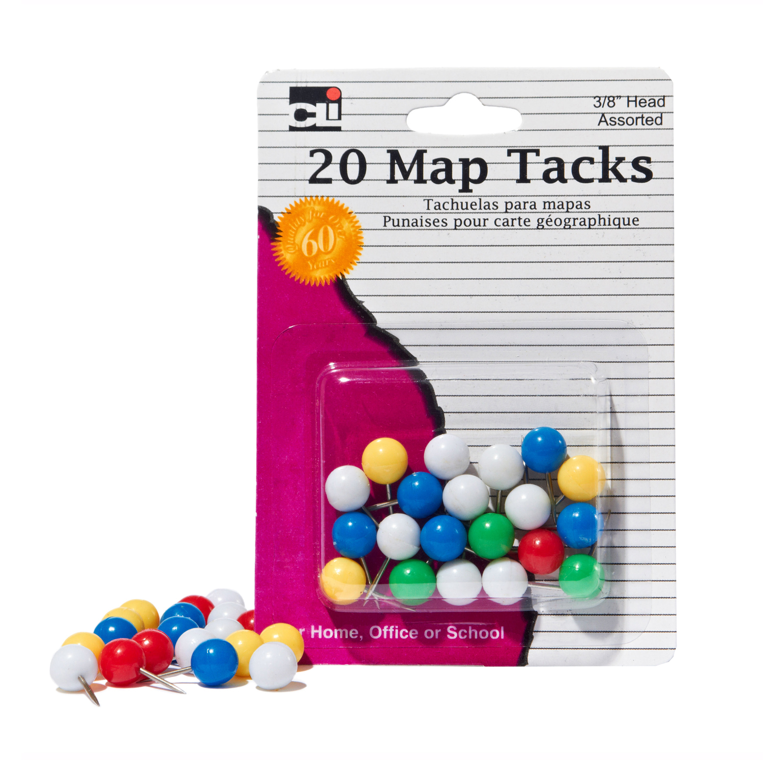 Map Tacks, 3/8 Inch Head, Assorted Colors, 20 Per Pack, 12 Packs