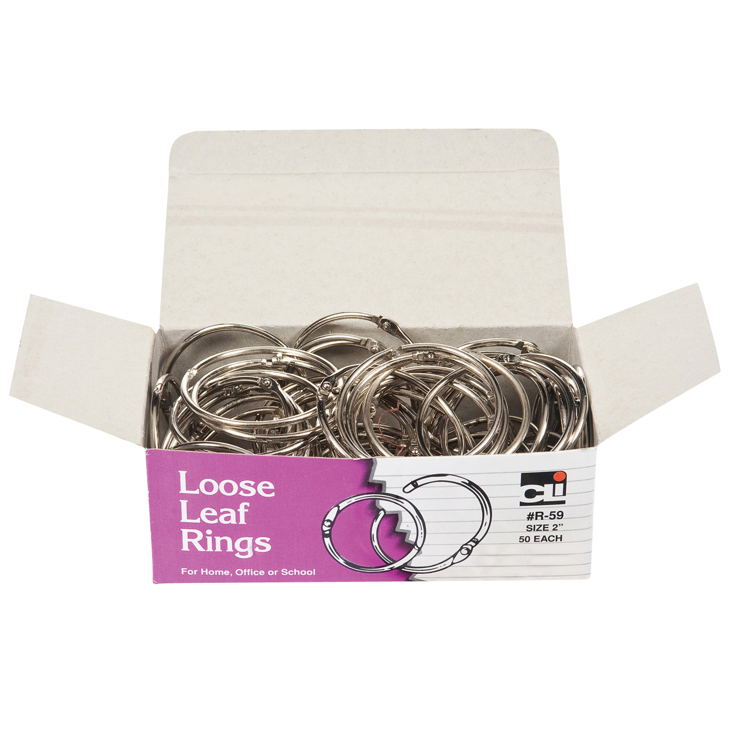 Loose Leaf Rings with Snap Closure, Nickel Plated, 2 Inch Diameter, 50/Box