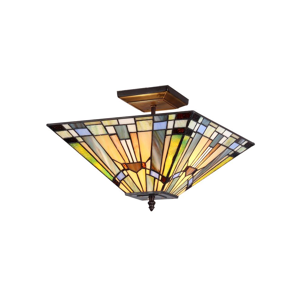 KINSEY Tiffany-style 2 Light Mission Semi-flush Ceiling Fixture 14" Shade