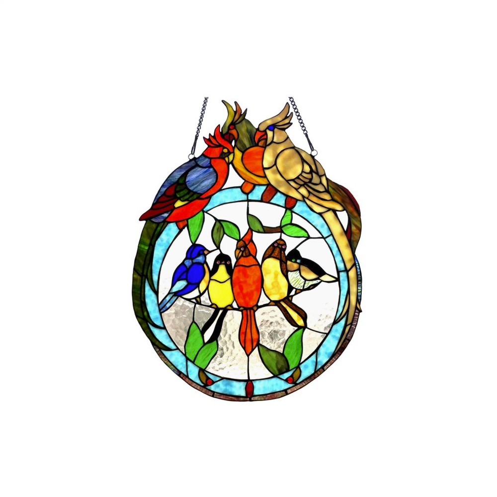 SONGBIRD Tiffany-glass featuring Birds Resting on Wire Window Panel 19x25