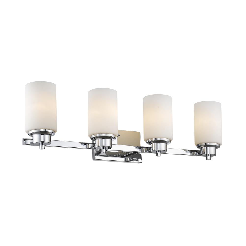 SCARLETT Contemporary 4 Light Chrome Finish Bath Vanity Light Etched White Glass 29" Wide