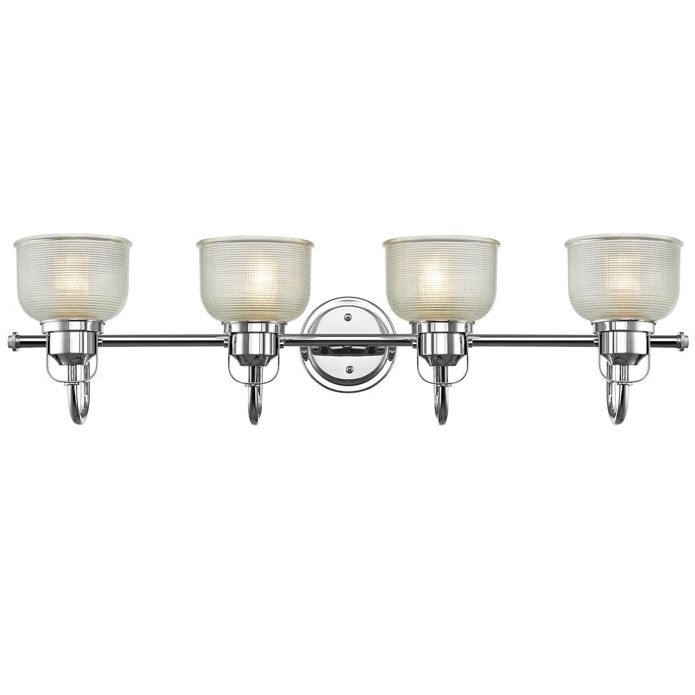 LUCIE Industrial-style 4 Light Chrome Finish Bath Vanity Wall Fixture Clear Prismatic Glass 34" Wide