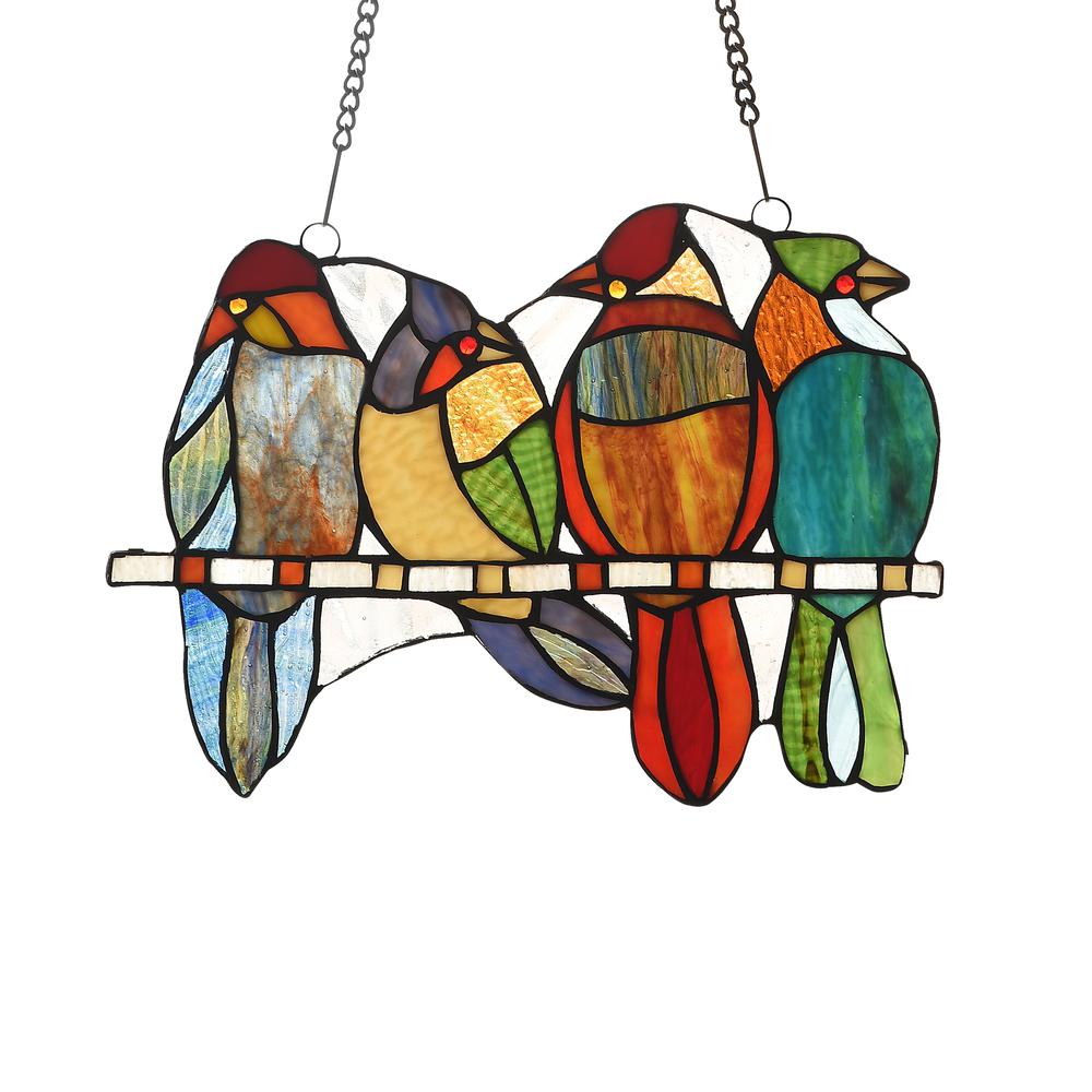 CHLOE Lighting CARDINAL FAMILY Tiffany-style Animal Design Window Panel 13" x 9"