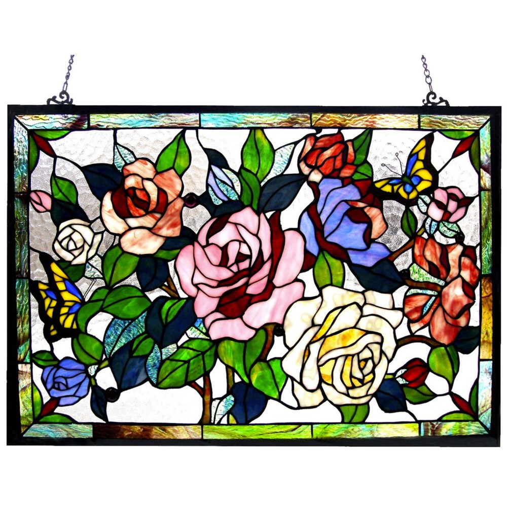 Tiffany-glass featuring Roses & Butterflies Window Panel 27x19