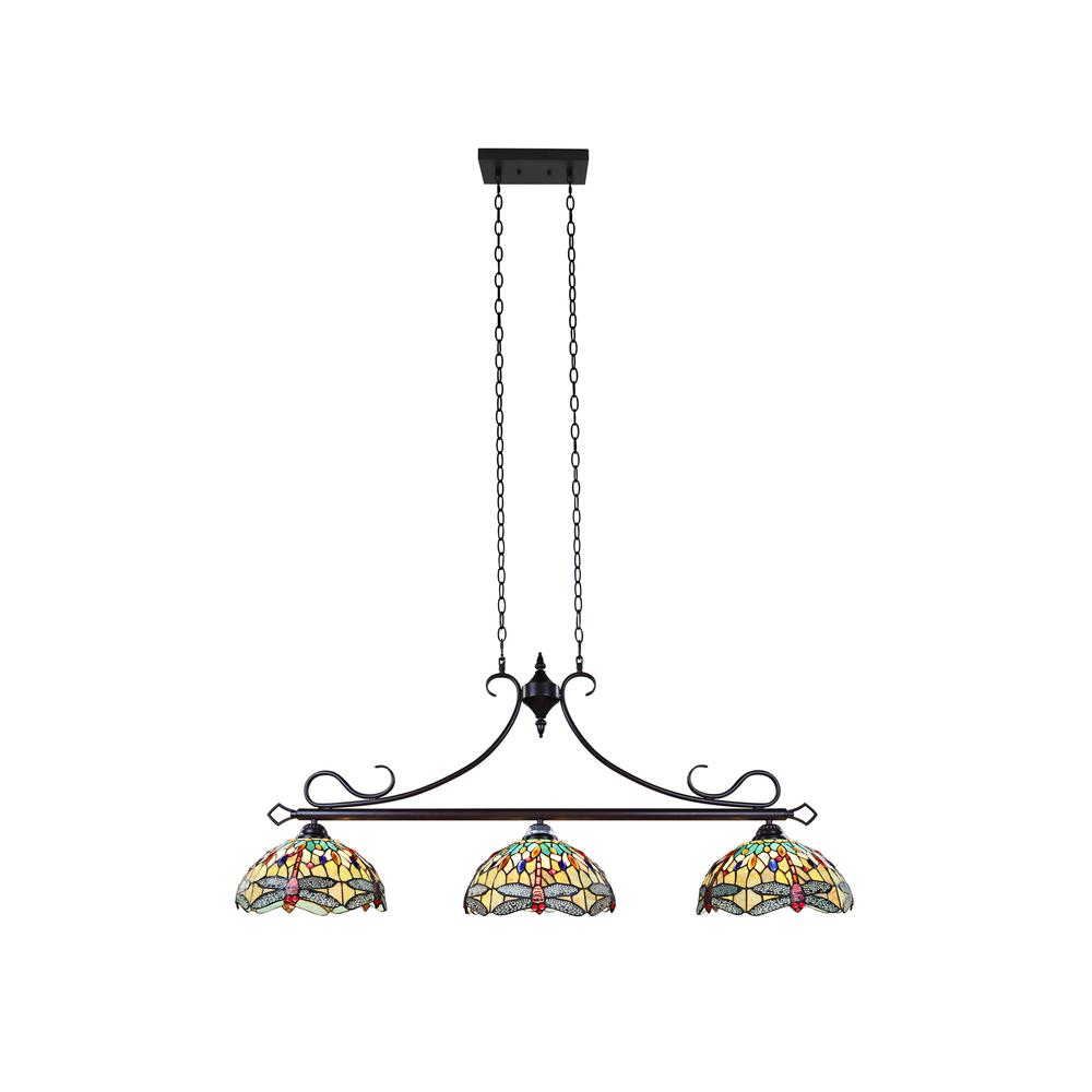 CHLOE Lighting EMPRESS Dragonfly Tiffany-Style Dark Bronze 3 Light Island Pendant, 48" Wide