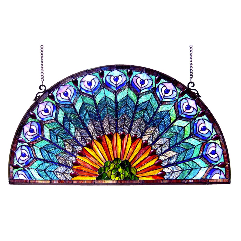 REGAL EUDORA Tiffany-style Peacock Feather Glass Window Panel 35x18