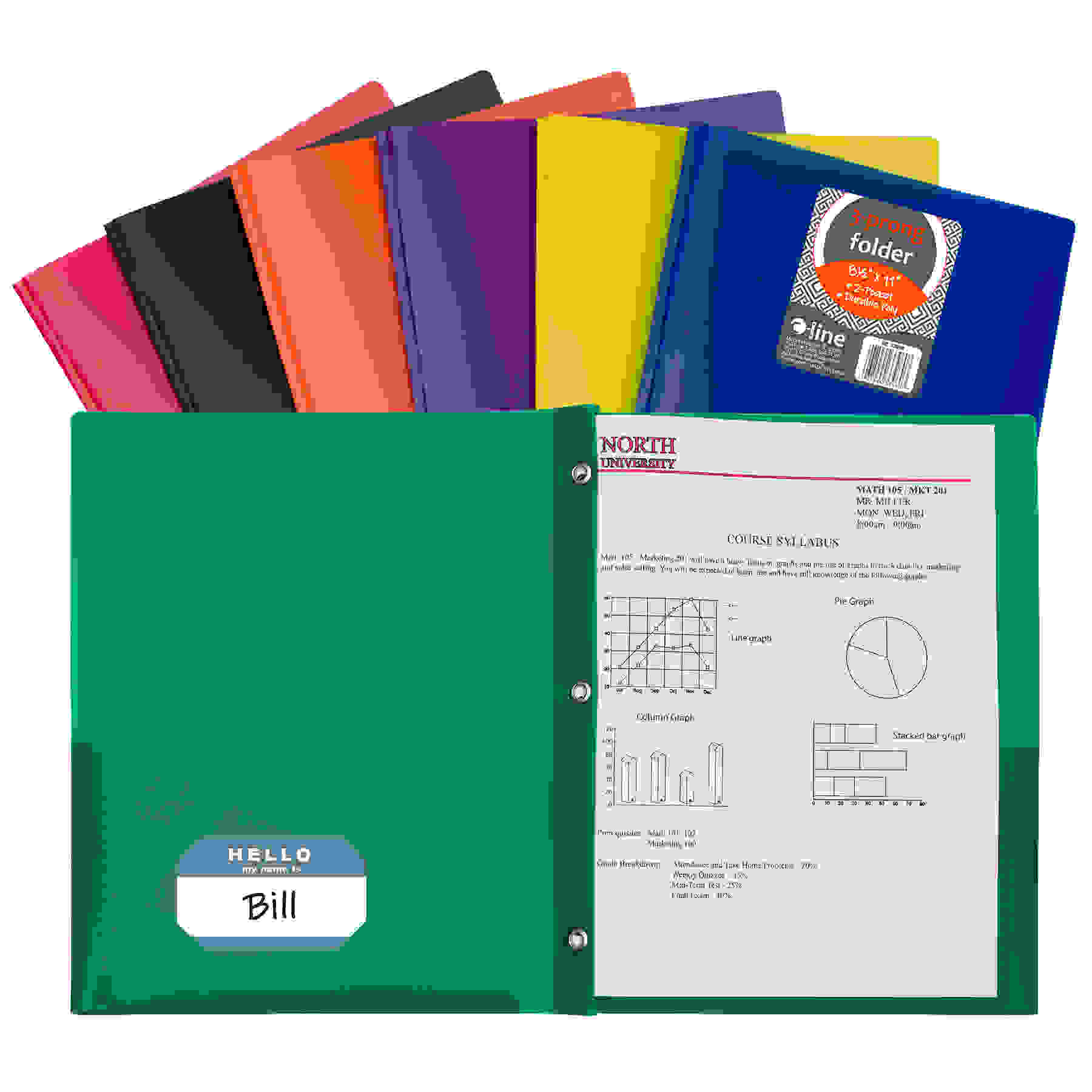 Two-Pocket Heavyweight Poly Portfolio Folder with Prongs, Assorted Primary Colors, Pack of 36