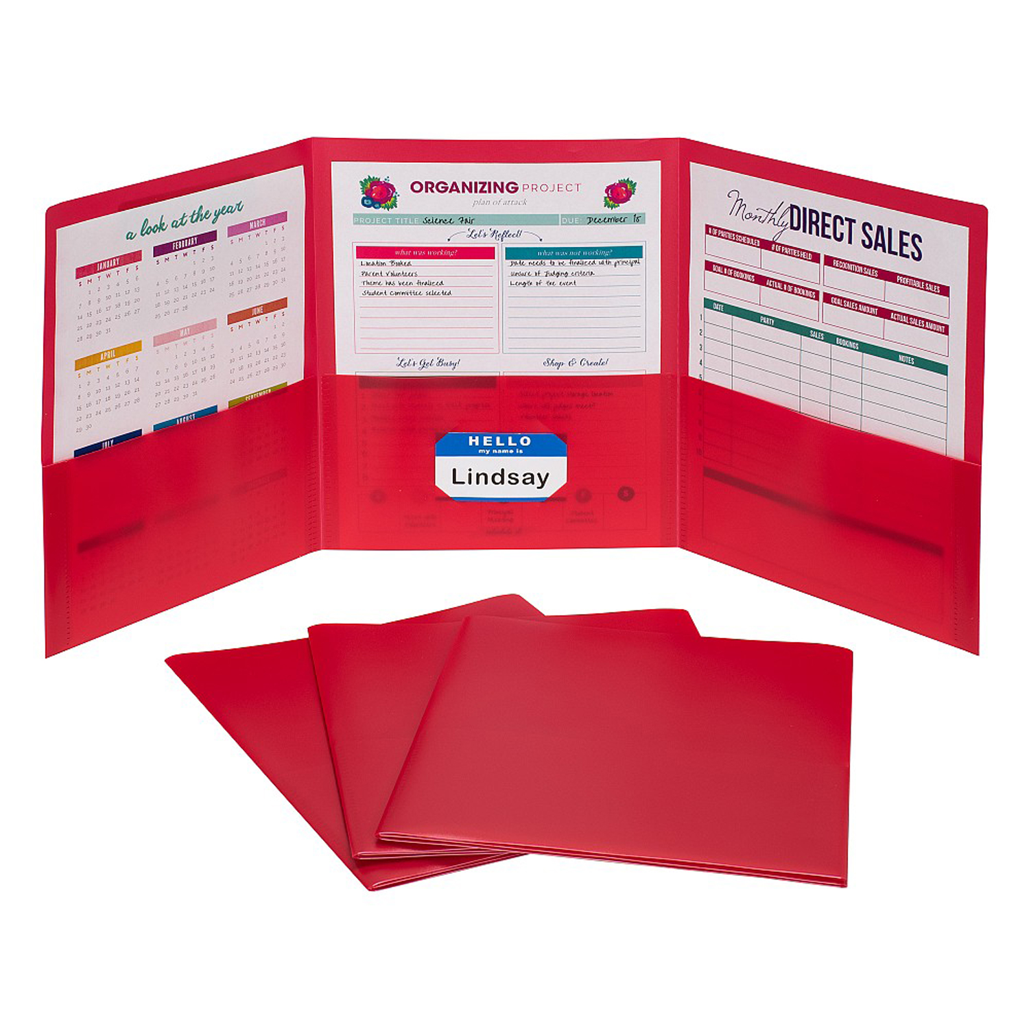 3-Pocket Poly Portfolio, Red, Box of 24