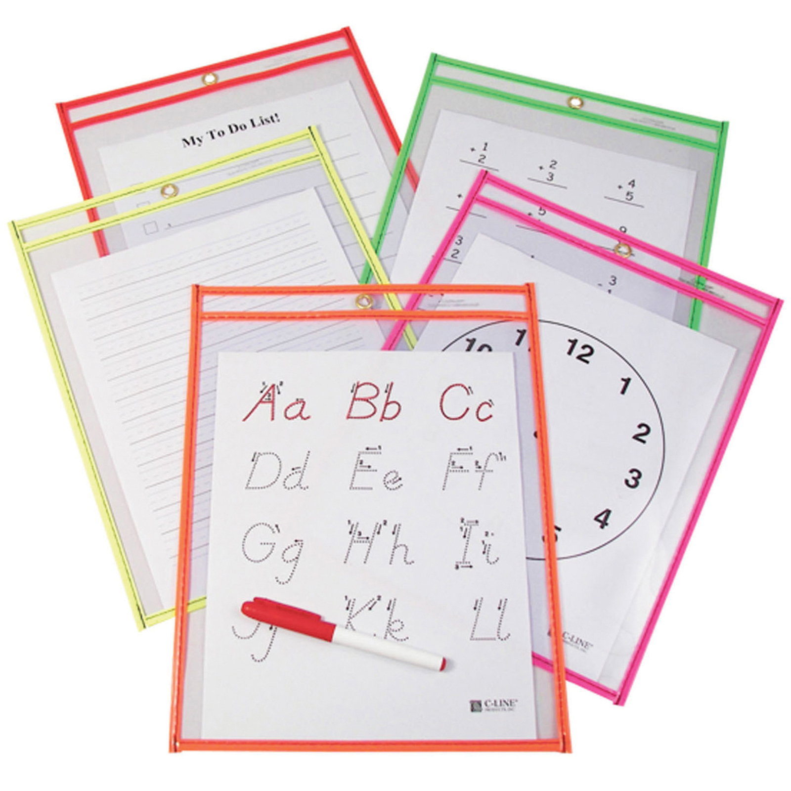 Reusable Dry Erase Pockets, Neon Colors, 9 x 12, Pack of 10