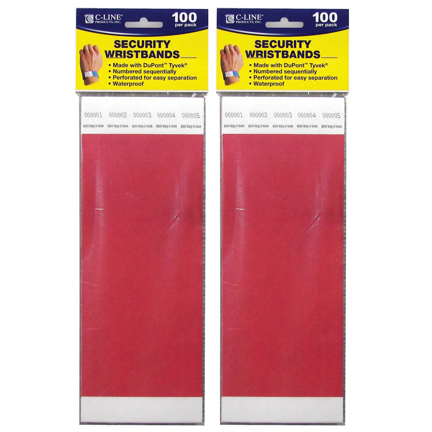 DuPont Tyvek Security Wristbands, Red, 100 Per Pack, 2 Packs