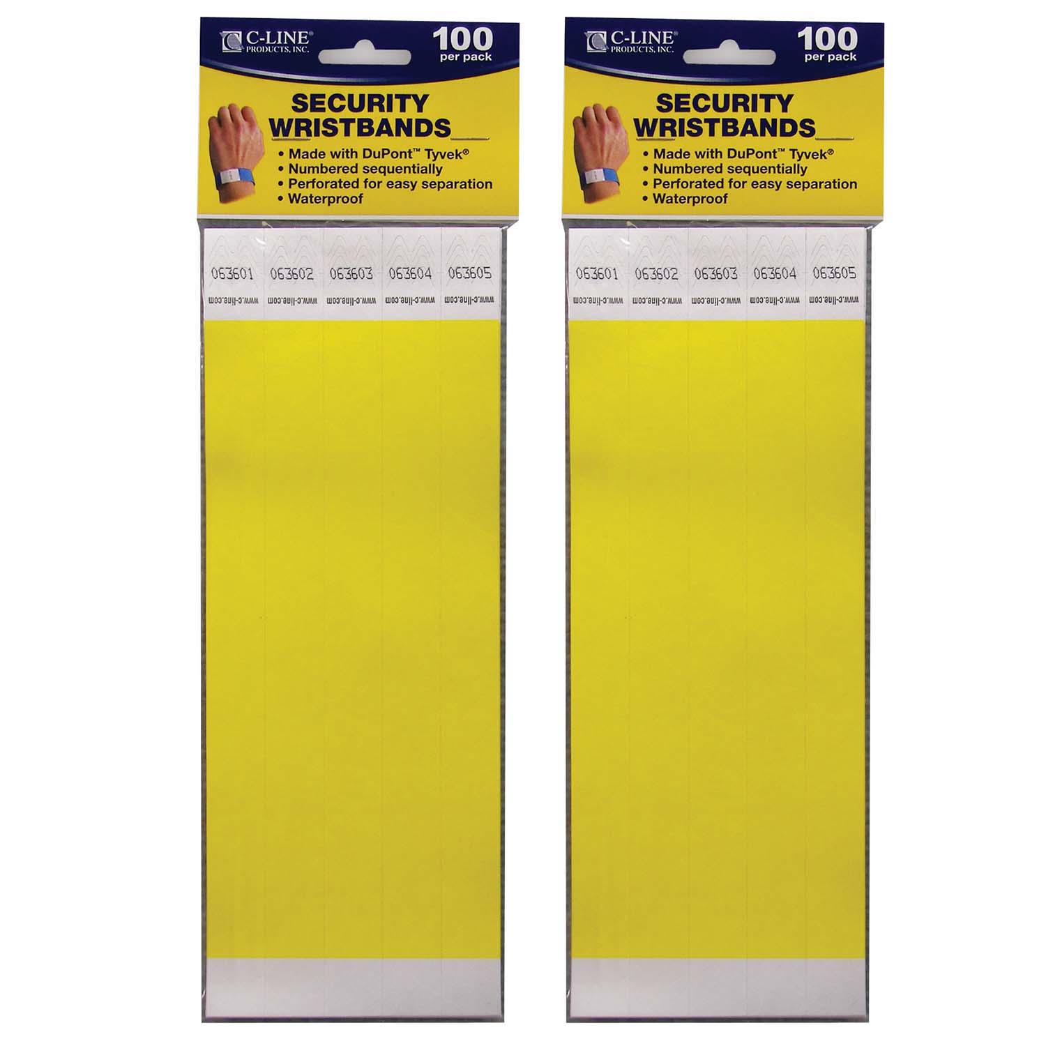 DuPont Tyvek Security Wristbands, Yellow, 100 Per Pack, 2 Packs