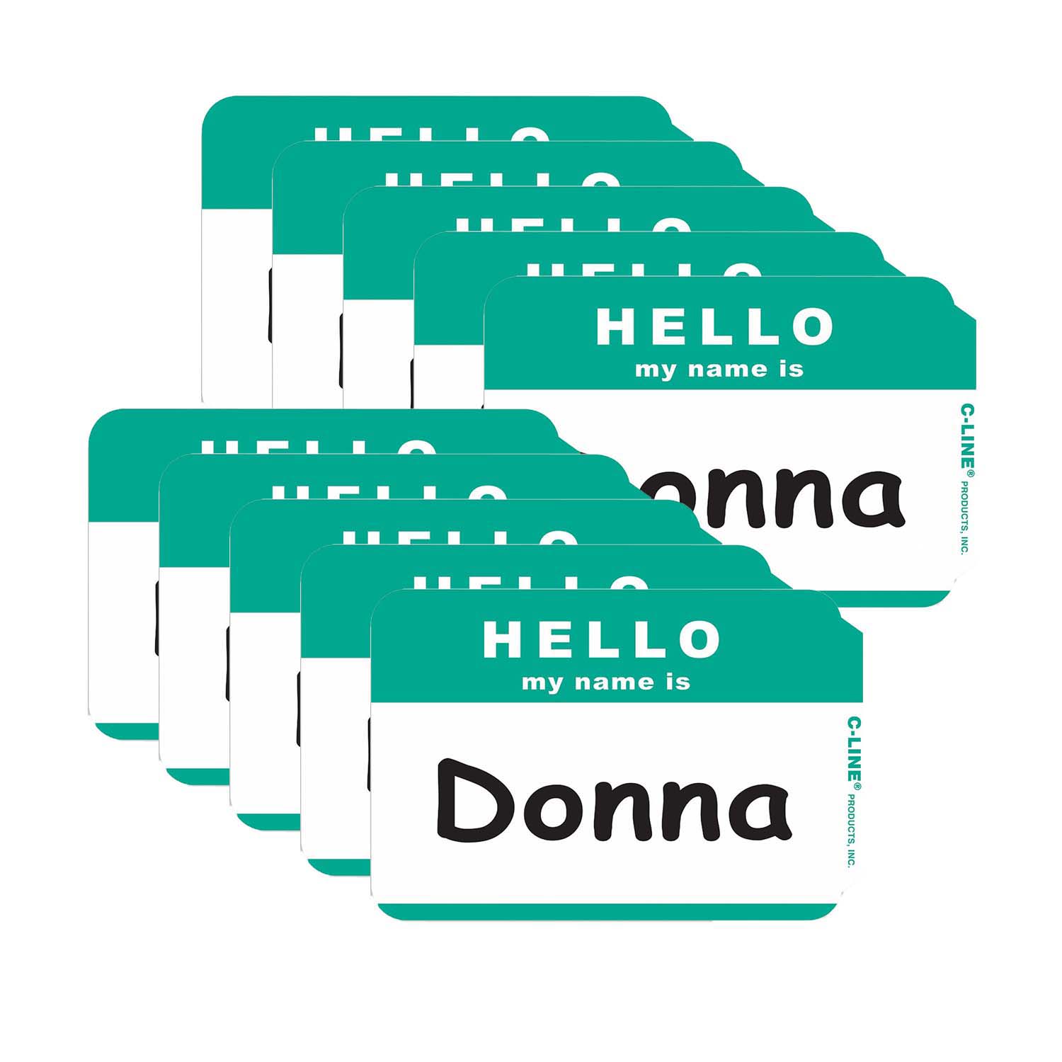 Self-Adhesive Name Badges, Hello, Green, 100 Per Pack, 10 Packs