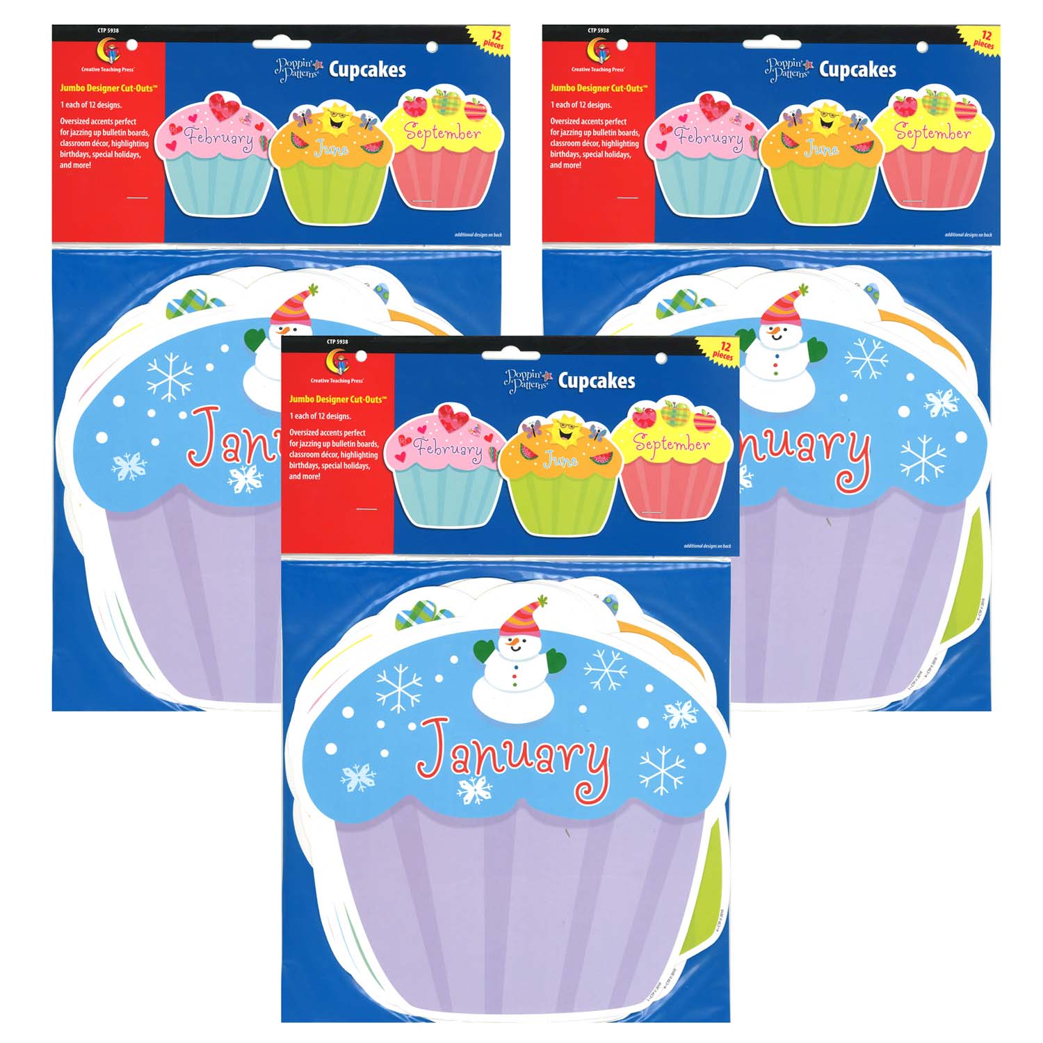 Designer Cut-Outs, Month Cupcakes, 10", 12 Per Pack, 3 Packs