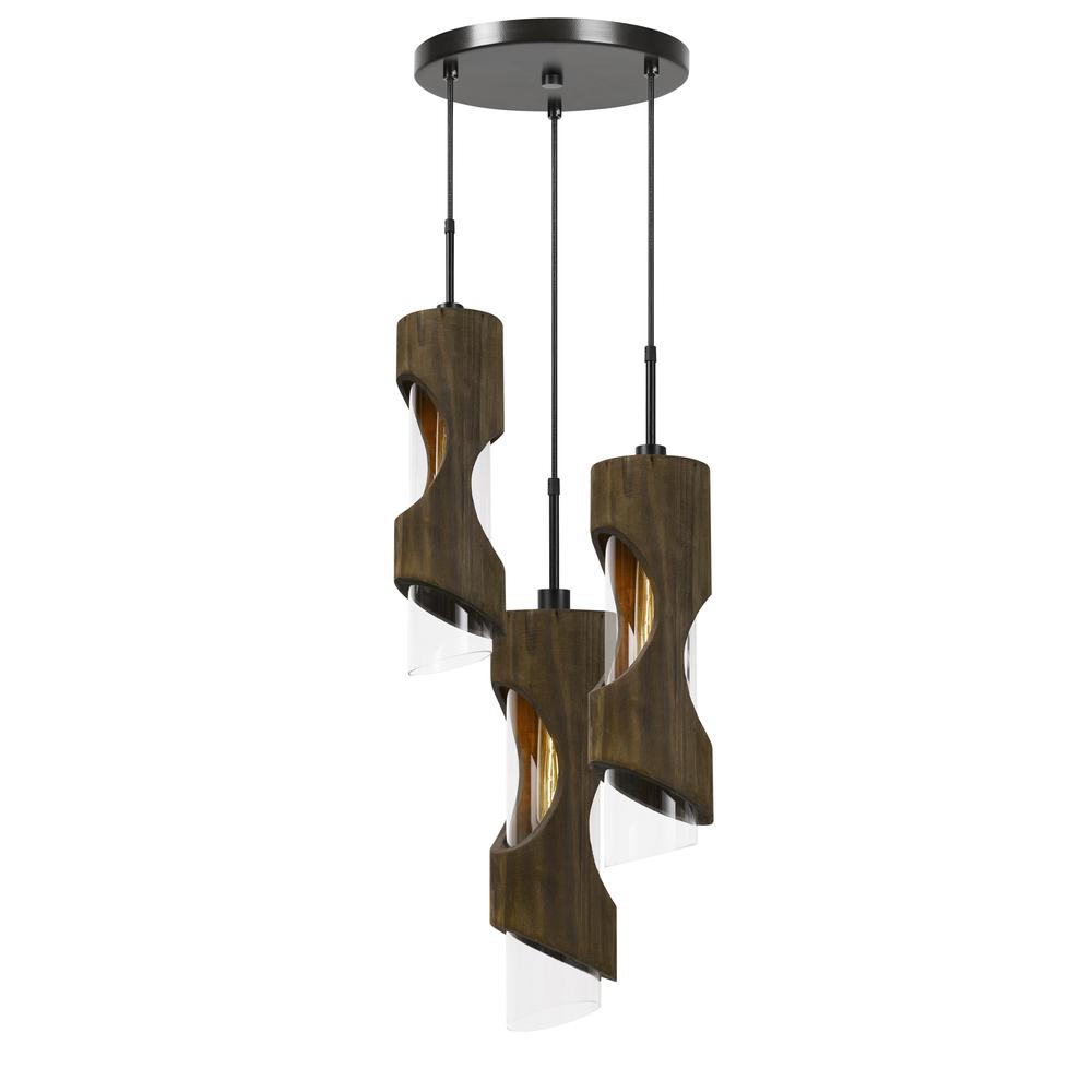 60W X 3 Zamora 3 Light Wood Pendant With Clear Glass Shade (Edison Bulbs Not Included)